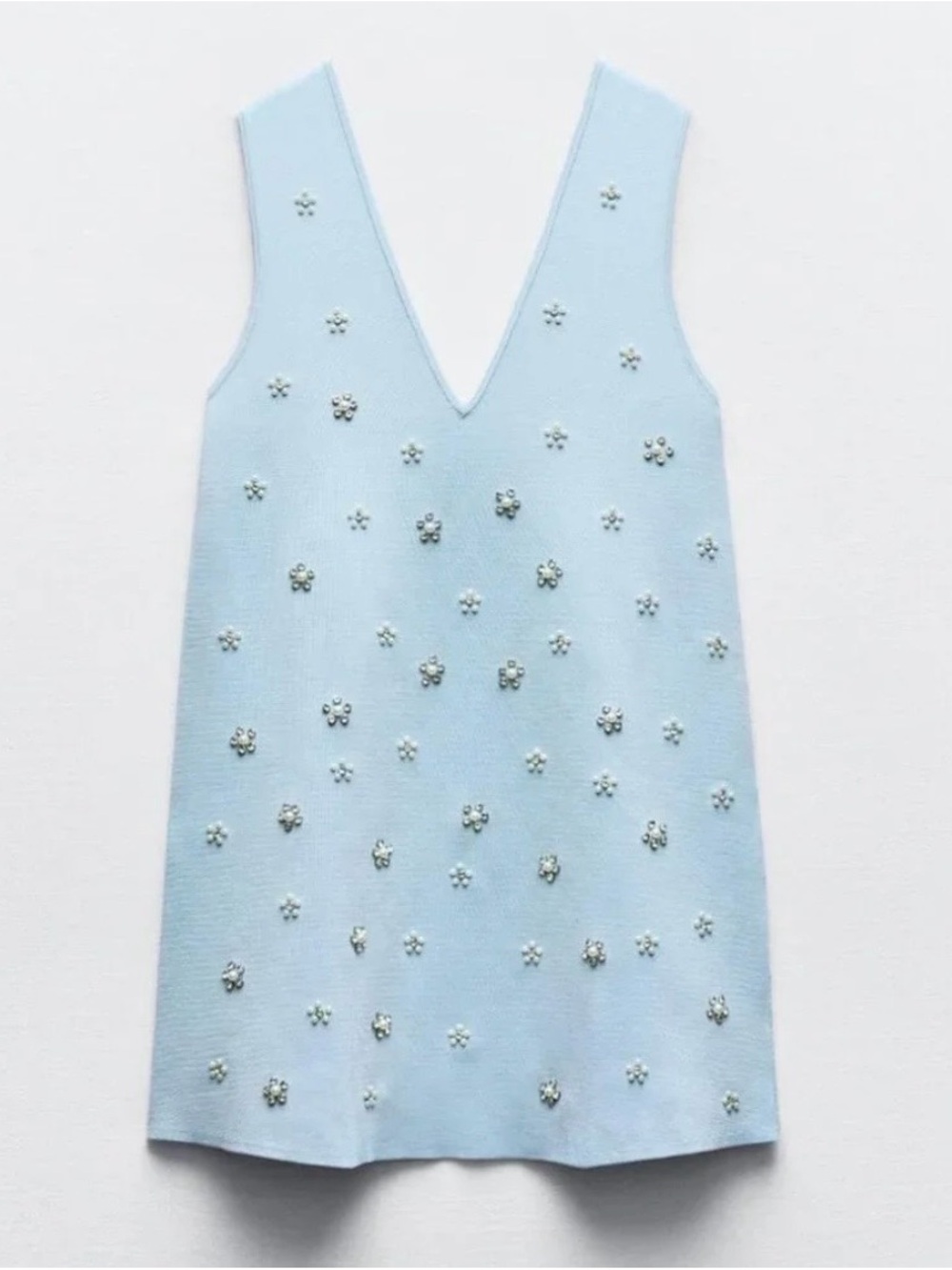 Zara Pale Blue Embellished V-Neck Dress